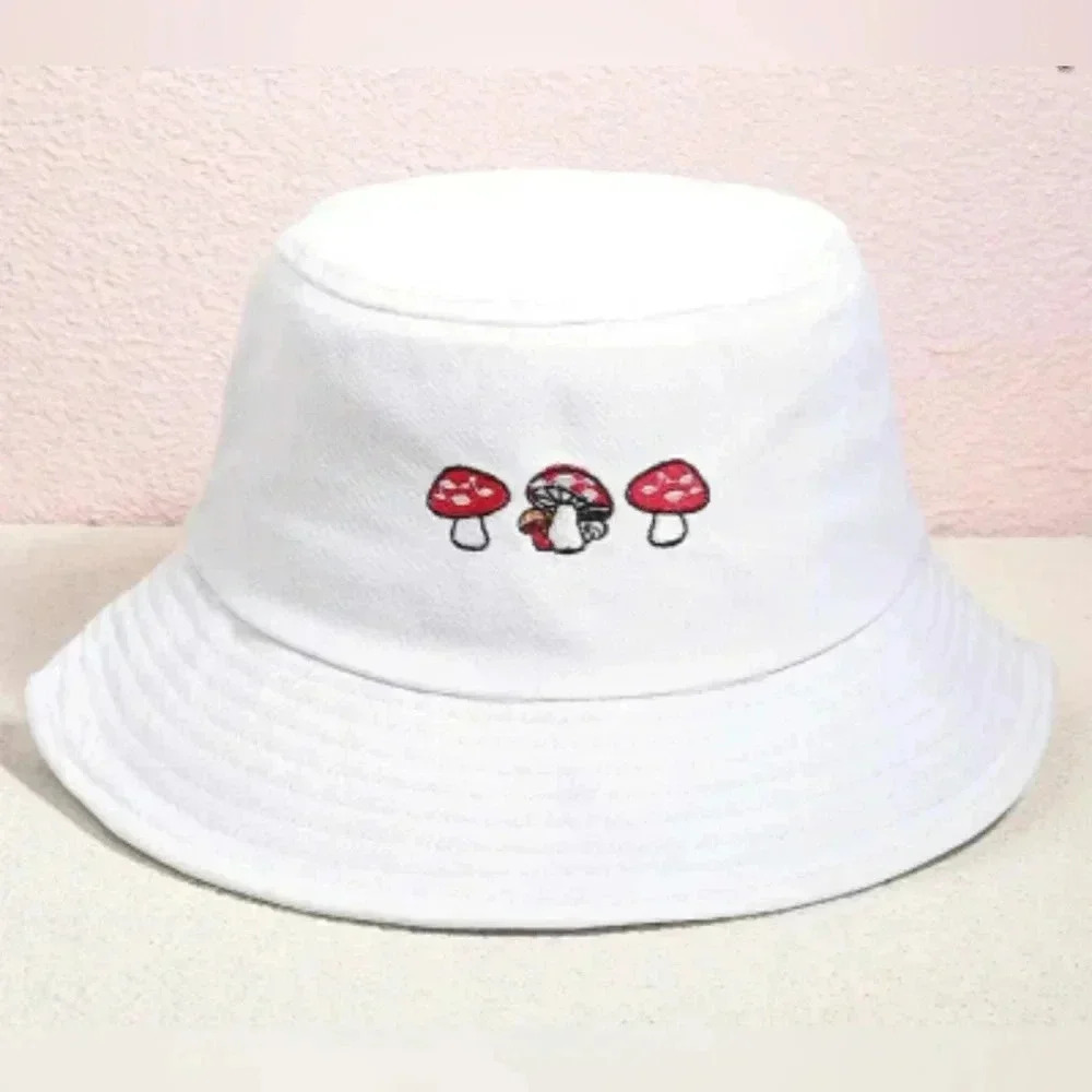 Retro Groove White Beach Mushroom Cotton Bucket Festival Artisy Hat New